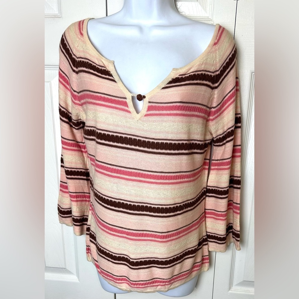 Anthropologie MOTH Sweater Keyhole Button Bell Sleeve Pink Ivory Brown Knit